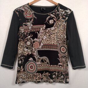 Vintage Y2K New Directions Petite Shirt PXL Black Cat Print Mandala Chain Bling